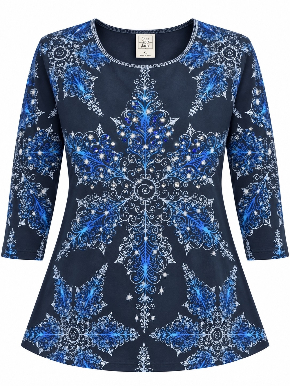JESS & JANE | Blue Snowflake Rhinestone Swing Art to Wear Top USA | XL